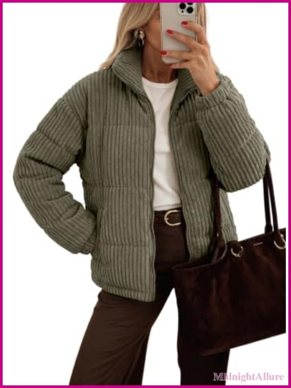 Cropped Corduroy Quilted Jacket Zip Up Stand Collar Long Sleeve